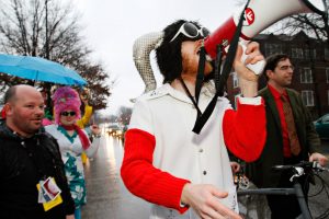 Derek Carson sounds the call to 'March!' on March 4th as the True False Film Festival's March March Parade begins. The annual parade is connected to the film festival and is open to anyone who wants to march, but the wackier the costume the better.